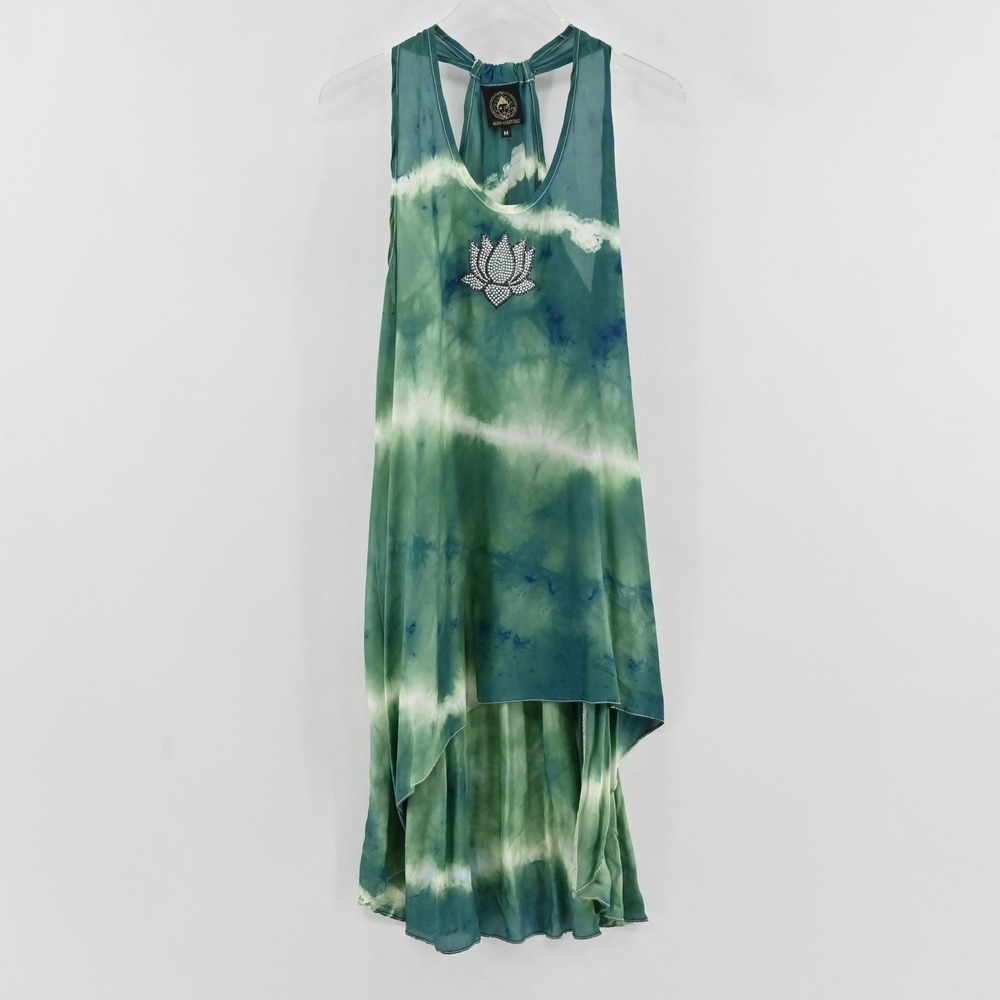 Aum Couture Tie Dye Lotus High Low Dress Womens Size M Green Silk Boho Y2K - Picture 2 of 9